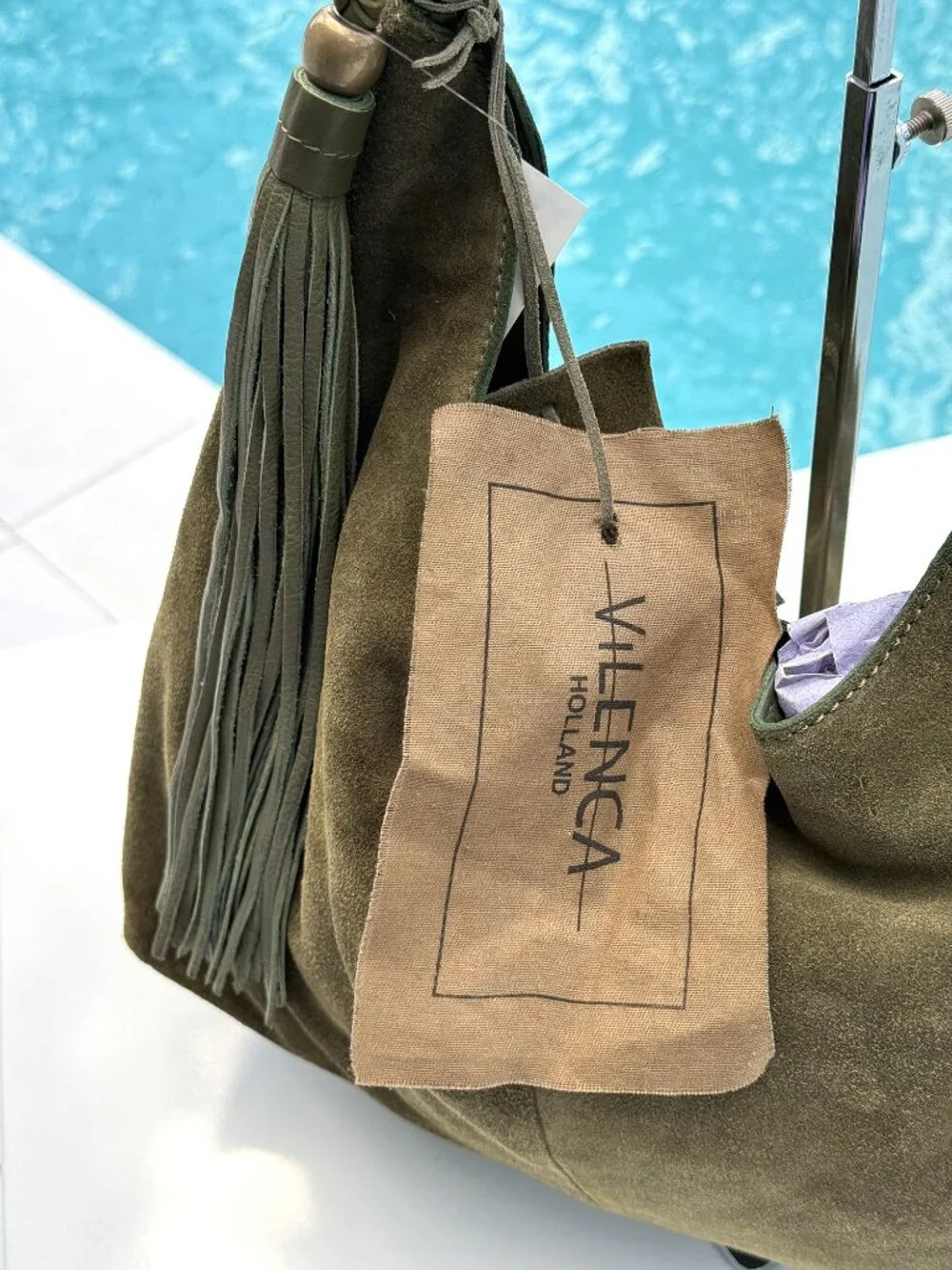 Vilenca Holland Suede Slouchy Hobo Shoulder Bag Green Boho Whipstitch Tassel NWT